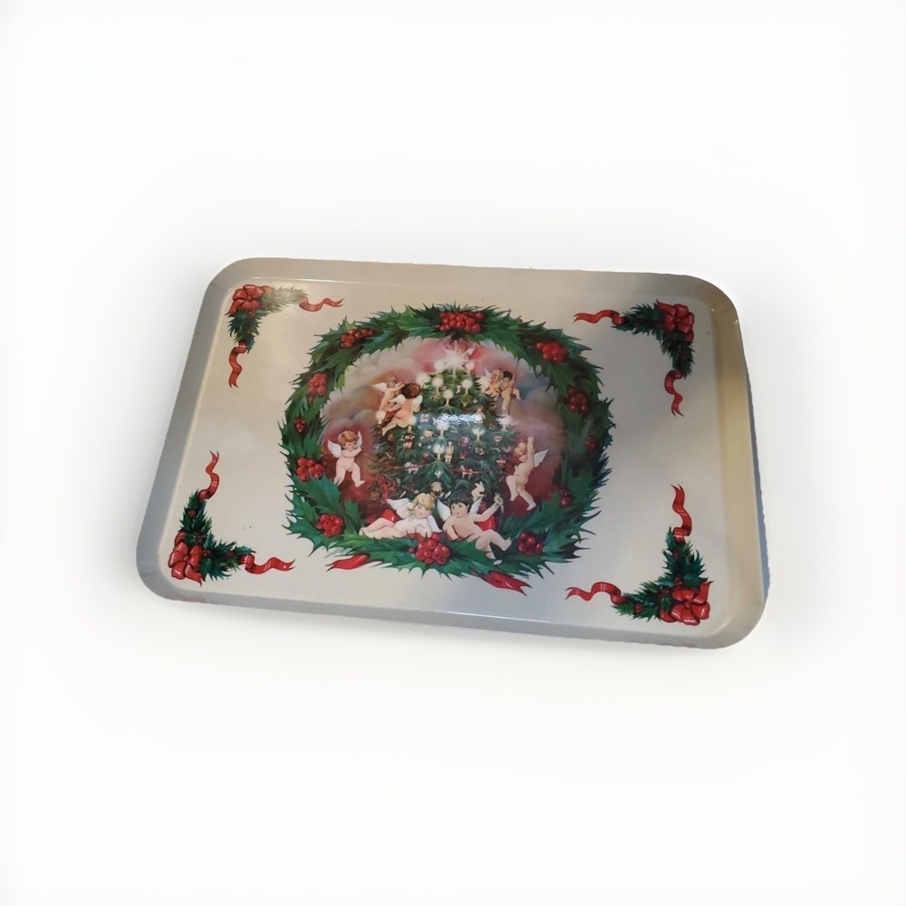 vtg Christmas Tree Plastic serving Hostess‎ tray Italy Angels Putti 11 x 17 art